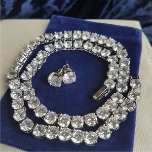 Swarovski Elements Platinum Round Tennis Statement Necklace & 2.0ct Studs NEW